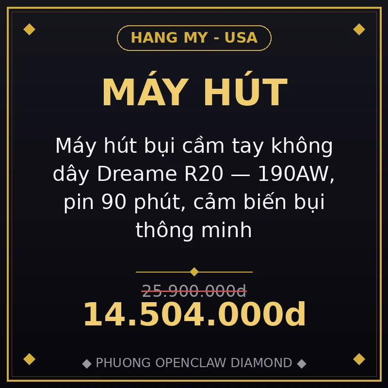 Máy hút bụi cầm tay không dây Dreame R20 — 190AW, pin 90 phút, cảm biến bụi thông minh