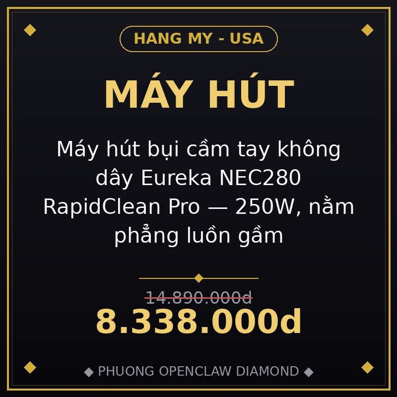 Máy hút bụi cầm tay không dây Eureka NEC280 RapidClean Pro — 250W, nằm phẳng luồn gầm