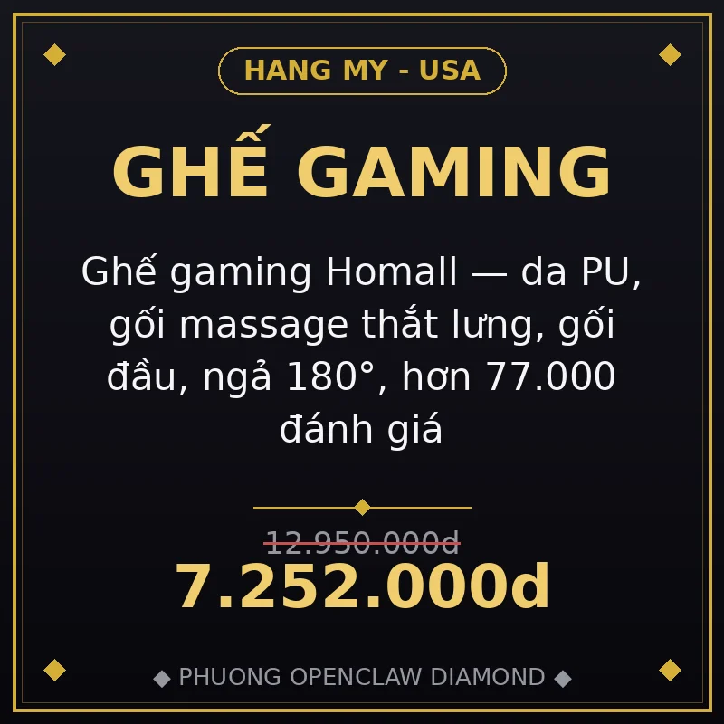 Ghế gaming Homall — da PU, gối massage thắt lưng, gối đầu, ngả 180°, hơn 77.000 đánh giá