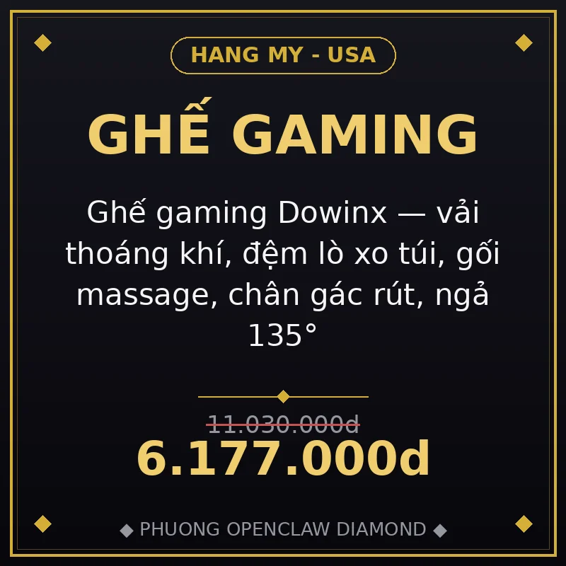 Ghế gaming Dowinx — vải thoáng khí, đệm lò xo túi, gối massage, chân gác rút, ngả 135°