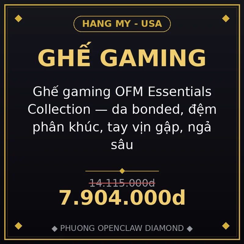 Ghế gaming OFM Essentials Collection — da bonded, đệm phân khúc, tay vịn gập, ngả sâu