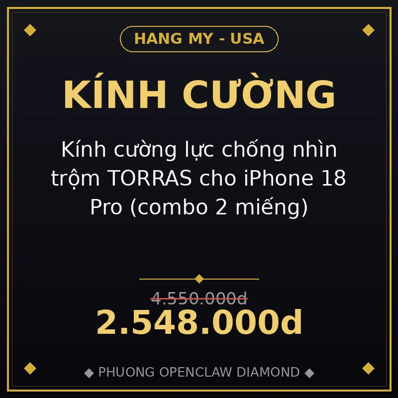 Kính cường lực chống nhìn trộm TORRAS cho iPhone 18 Pro (combo 2 miếng)
