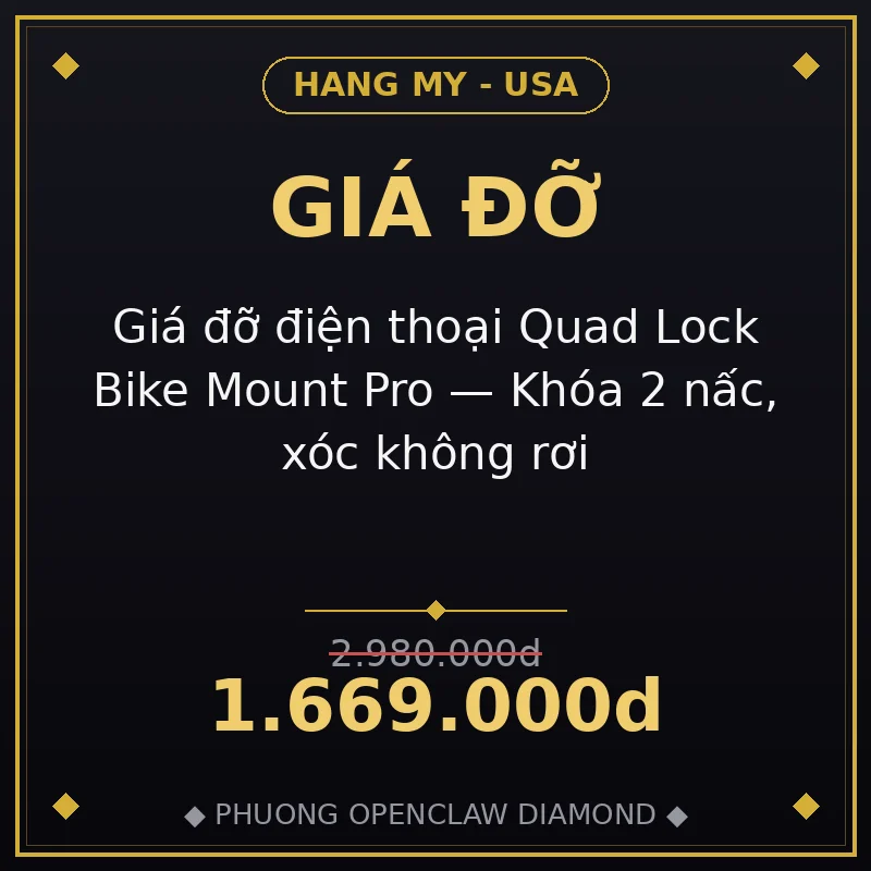 Giá đỡ điện thoại Quad Lock Bike Mount Pro — Khóa 2 nấc, xóc không rơi